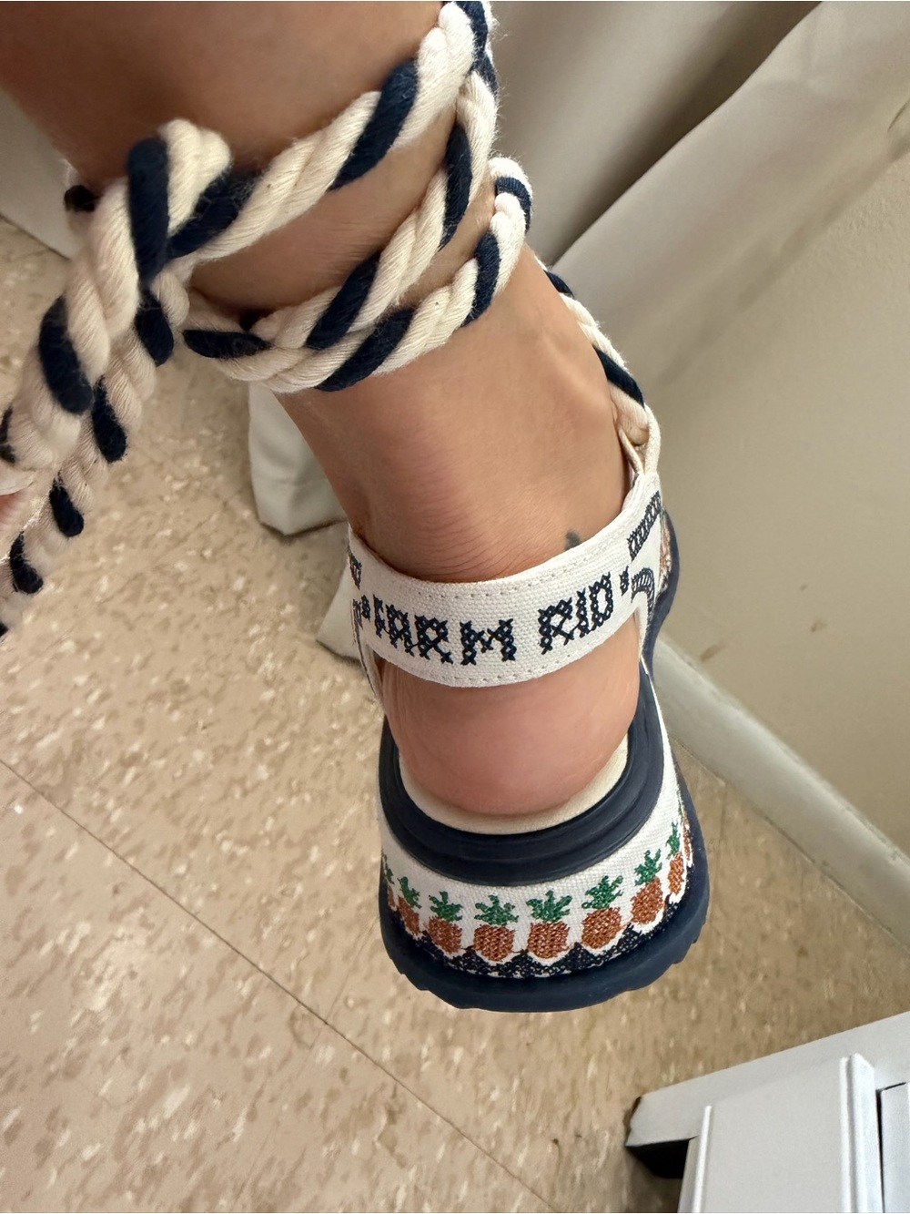 FARM Rio Cream and Navy Woven Rope Platform Sandal with Pineapple Trim - Picture 2 of 9